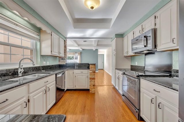 kitchen with sink, white cabinets, stainless steel appliances, and light wood-type flooring