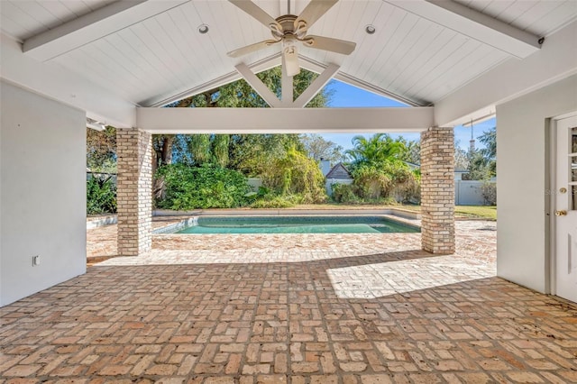 view of pool featuring ceiling fan and a patio area