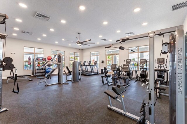 exercise room featuring a textured ceiling and ceiling fan