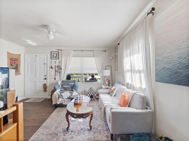 710 Spruce St, New Smyrna Beach, FL 32168 - living area with wood finished floors, a ceiling fan, and a textured ceiling