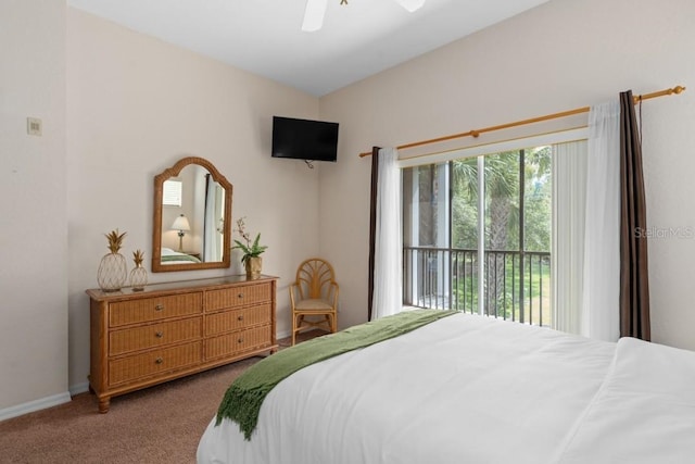 bedroom with ceiling fan, carpet floors, and access to outside