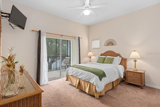 carpeted bedroom featuring access to outside and ceiling fan