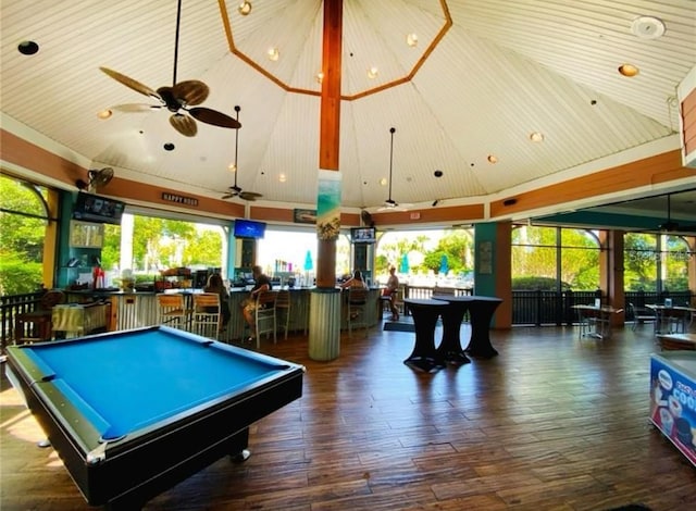 recreation room with wood ceiling, ceiling fan, high vaulted ceiling, dark hardwood / wood-style floors, and pool table