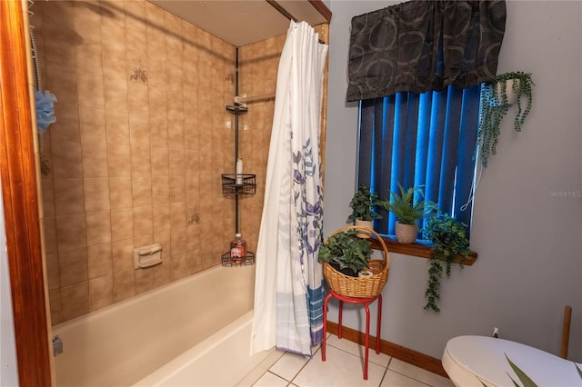 bathroom with tile patterned flooring, toilet, and shower / tub combo with curtain