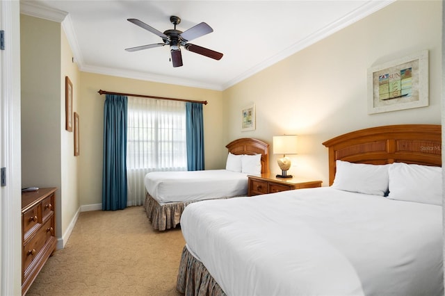 bedroom with ceiling fan, crown molding, and light colored carpet