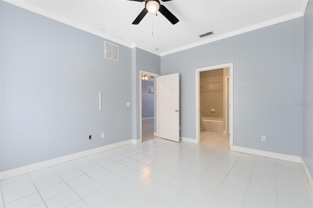 interior space with ensuite bathroom, ceiling fan, ornamental molding, and light tile patterned flooring