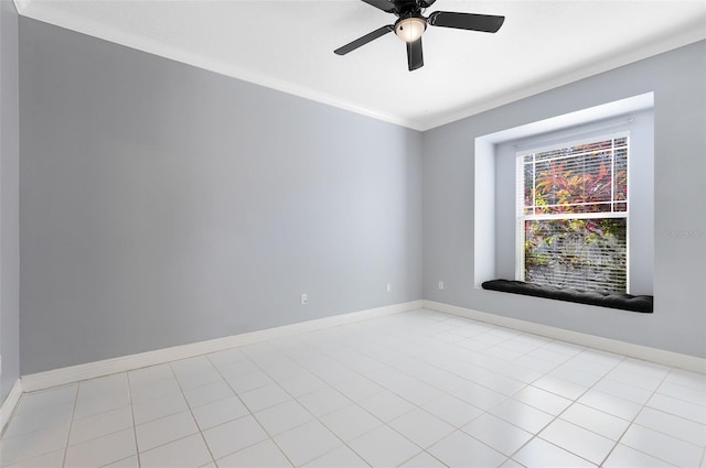 unfurnished room with ceiling fan, light tile patterned floors, and crown molding