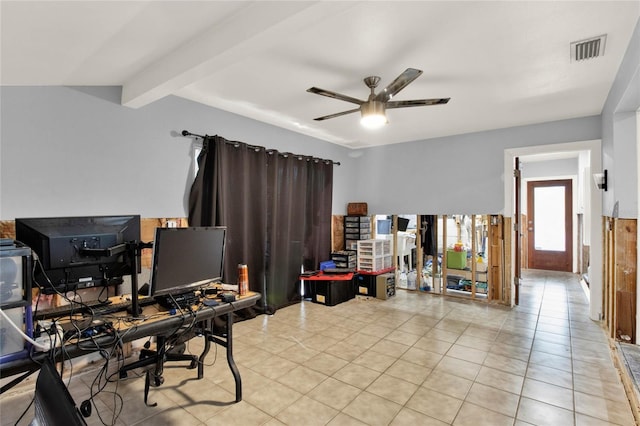 office space featuring ceiling fan and light tile patterned floors