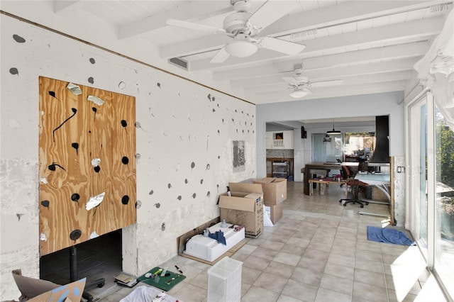 living room with beam ceiling and wood ceiling