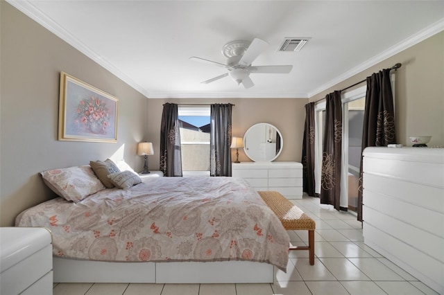 tiled bedroom with ceiling fan and ornamental molding