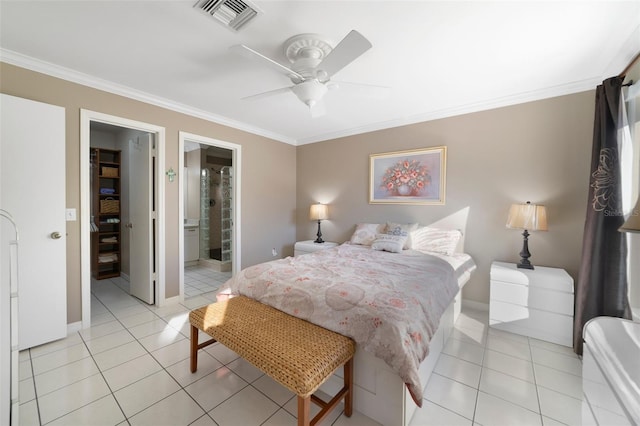 tiled bedroom featuring ensuite bathroom, ceiling fan, and crown molding