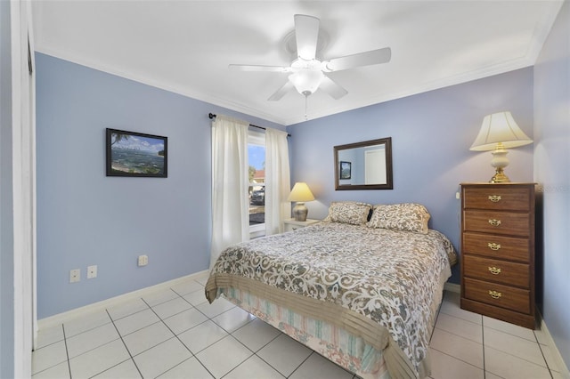 tiled bedroom featuring ceiling fan and ornamental molding