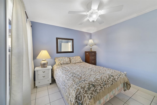 bedroom featuring ceiling fan, crown molding, and light tile patterned flooring