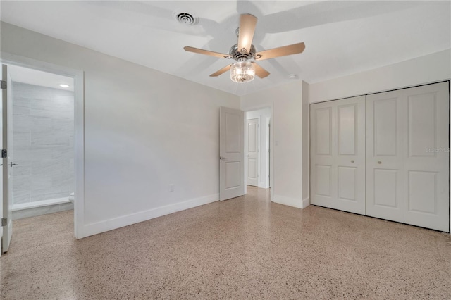 unfurnished bedroom with ceiling fan and a closet