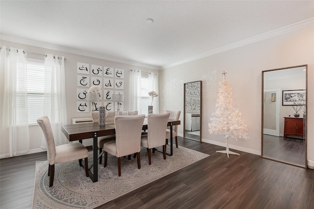 dining space with a textured ceiling, dark hardwood / wood-style floors, and ornamental molding