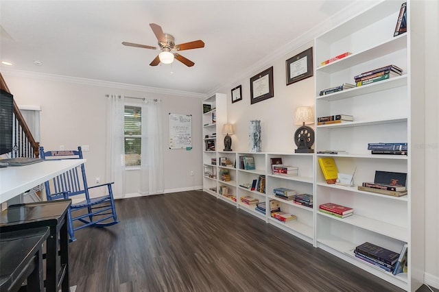 interior space featuring crown molding, ceiling fan, and dark wood-type flooring