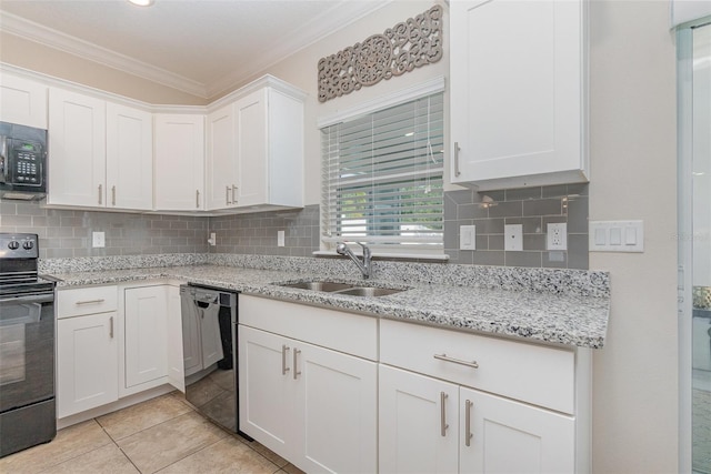 kitchen featuring crown molding, sink, black appliances, light tile patterned floors, and white cabinets