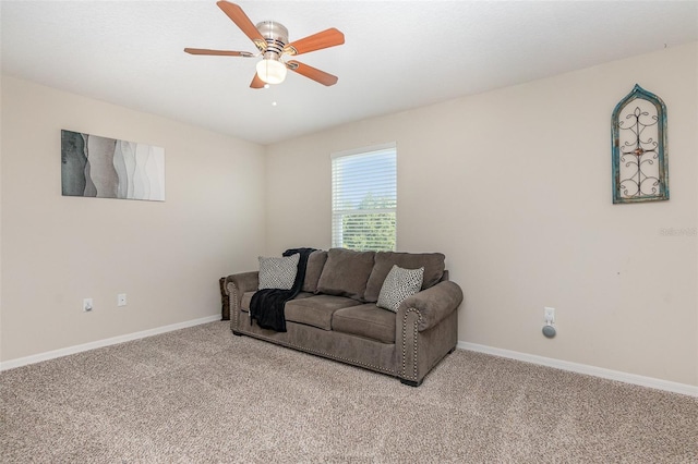 living room with light colored carpet and ceiling fan