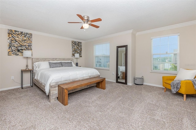 carpeted bedroom featuring ceiling fan, ornamental molding, and a textured ceiling