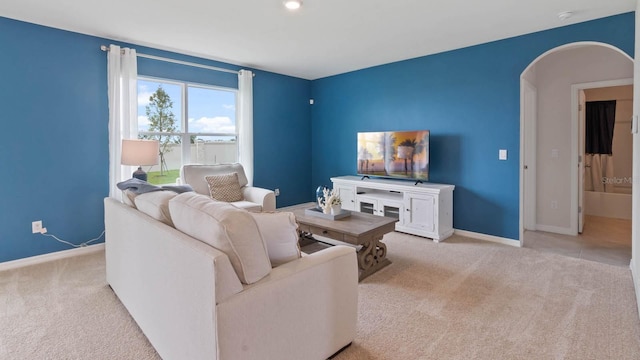 living room featuring light colored carpet