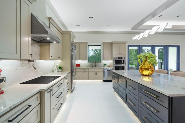 kitchen featuring sink, french doors, wall chimney exhaust hood, backsplash, and appliances with stainless steel finishes