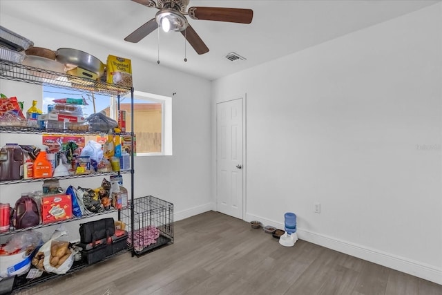 miscellaneous room featuring ceiling fan and wood-type flooring