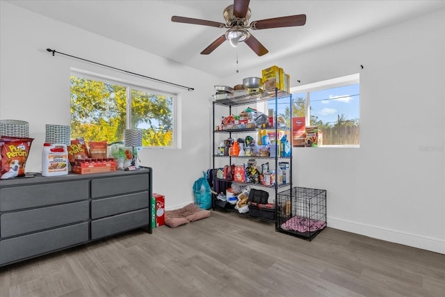 playroom with ceiling fan and light wood-type flooring