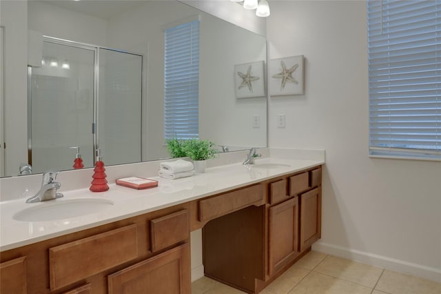 bathroom featuring tile patterned flooring, vanity, and a shower with door