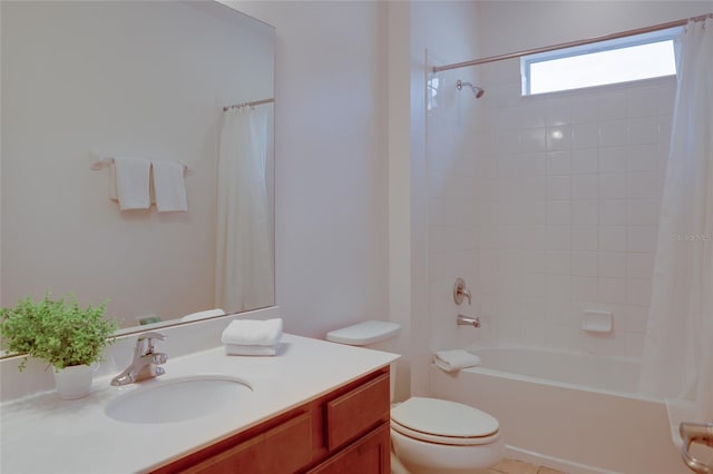 full bathroom with toilet, vanity, and shower / tub combo with curtain