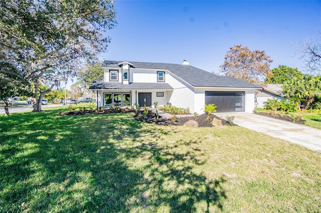 traditional-style home featuring a garage, stucco siding, a front yard, a chimney, and driveway