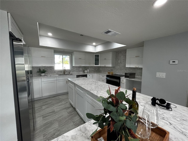 kitchen with a tray ceiling, visible vents, a sink, and tasteful backsplash