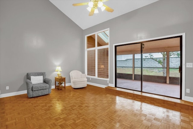 unfurnished room featuring ceiling fan, parquet flooring, and high vaulted ceiling