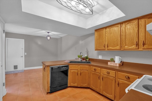 kitchen featuring kitchen peninsula, sink, light tile patterned floors, range, and black dishwasher