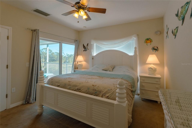 bedroom featuring carpet flooring, access to exterior, and ceiling fan