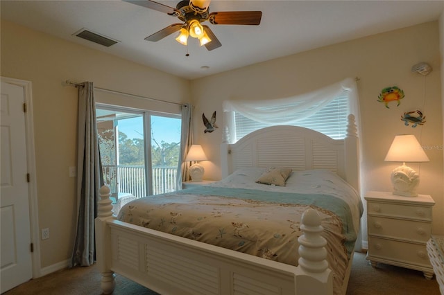 bedroom featuring carpet floors, access to outside, and ceiling fan