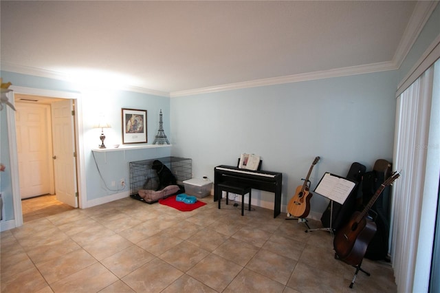 misc room with light tile patterned floors and ornamental molding