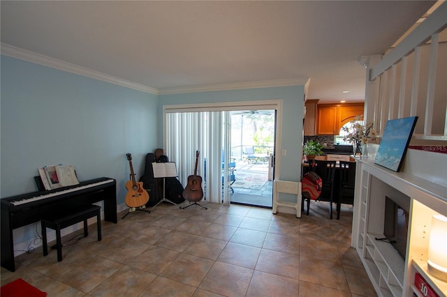 doorway to outside with light tile patterned floors and ornamental molding