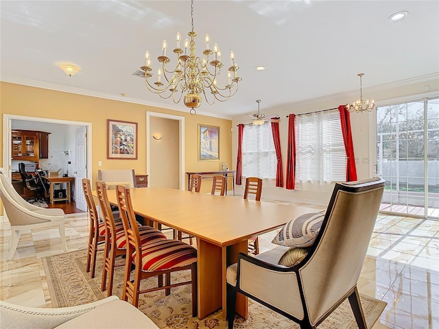 dining room featuring ceiling fan with notable chandelier, ornamental molding, and a wealth of natural light