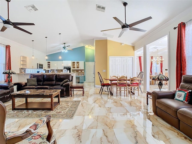 living room featuring a wealth of natural light, high vaulted ceiling, ceiling fan, and ornamental molding