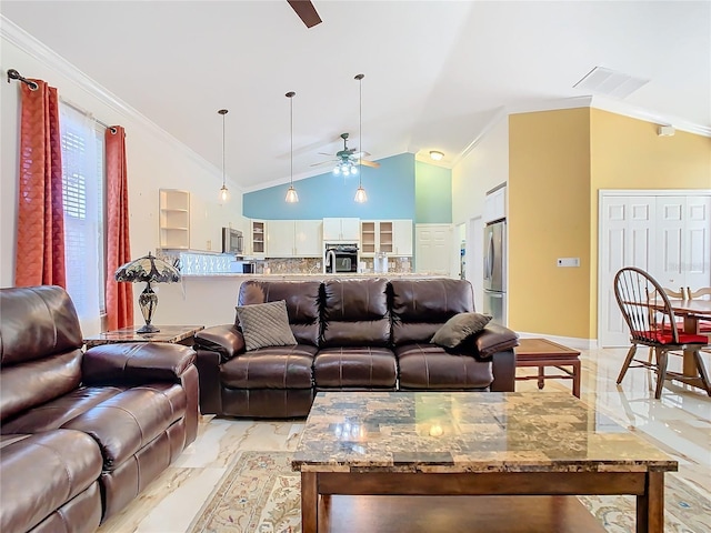 living room with ceiling fan, ornamental molding, and high vaulted ceiling