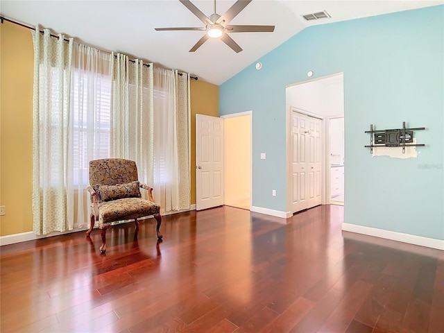 sitting room featuring hardwood / wood-style flooring, ceiling fan, and vaulted ceiling