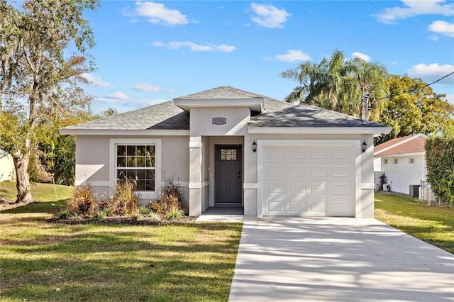 view of front facade featuring a garage, central air condition unit, and a front lawn