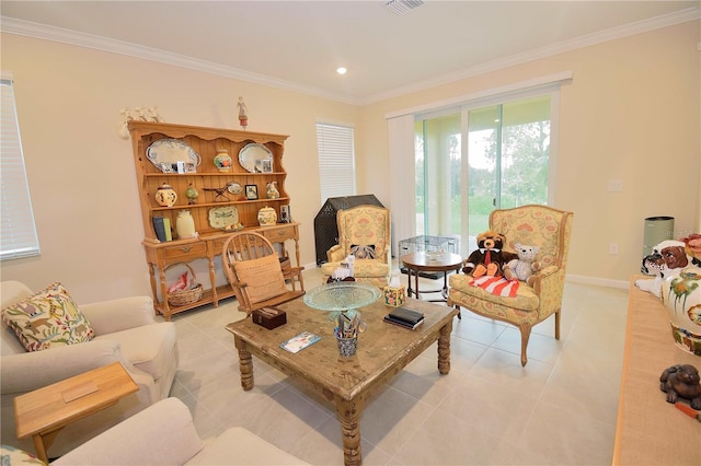 living area featuring light tile patterned floors and ornamental molding