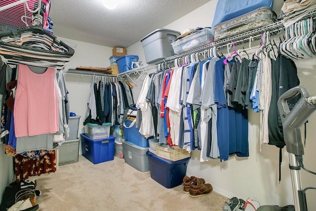 walk in closet with light carpet