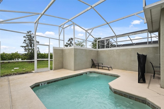 view of pool with a patio area and a lanai