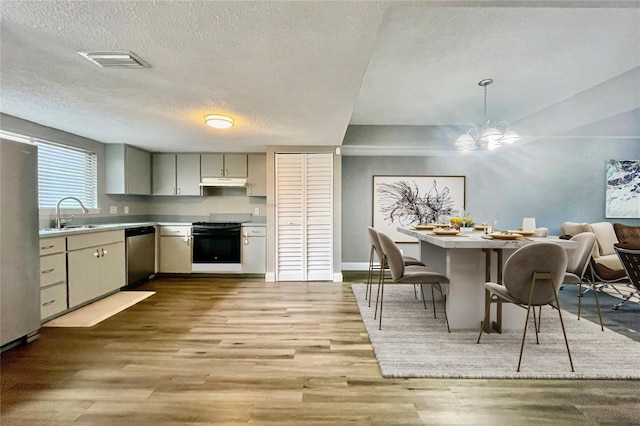 kitchen featuring stainless steel appliances, an inviting chandelier, sink, hanging light fixtures, and light hardwood / wood-style flooring