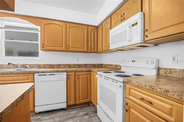 kitchen featuring dark hardwood / wood-style flooring, white appliances, and sink