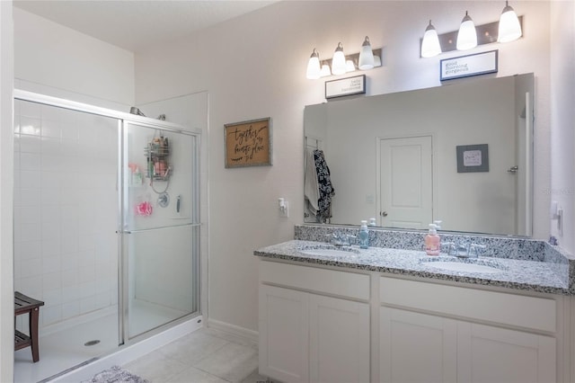 bathroom featuring tile patterned floors, vanity, and a shower with door