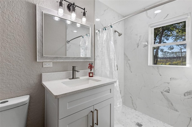 bathroom with vanity, toilet, and walk in shower