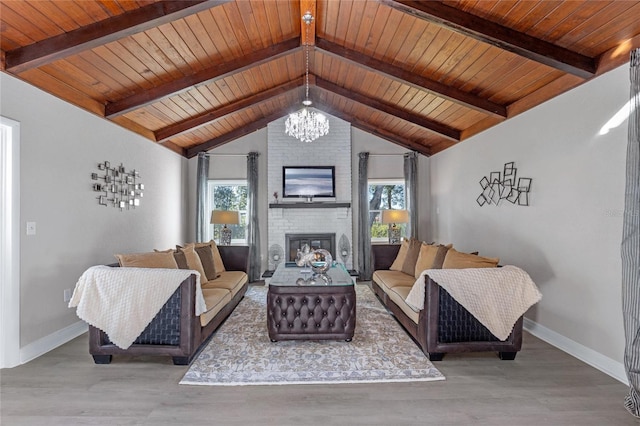 living room featuring plenty of natural light, wooden ceiling, and light hardwood / wood-style flooring